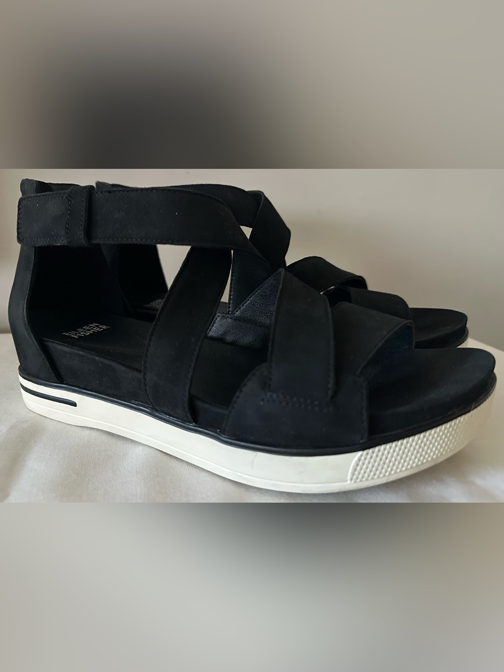 Eileen Fisher Leather Sport Sandals Black Platform Comfort Sz 8